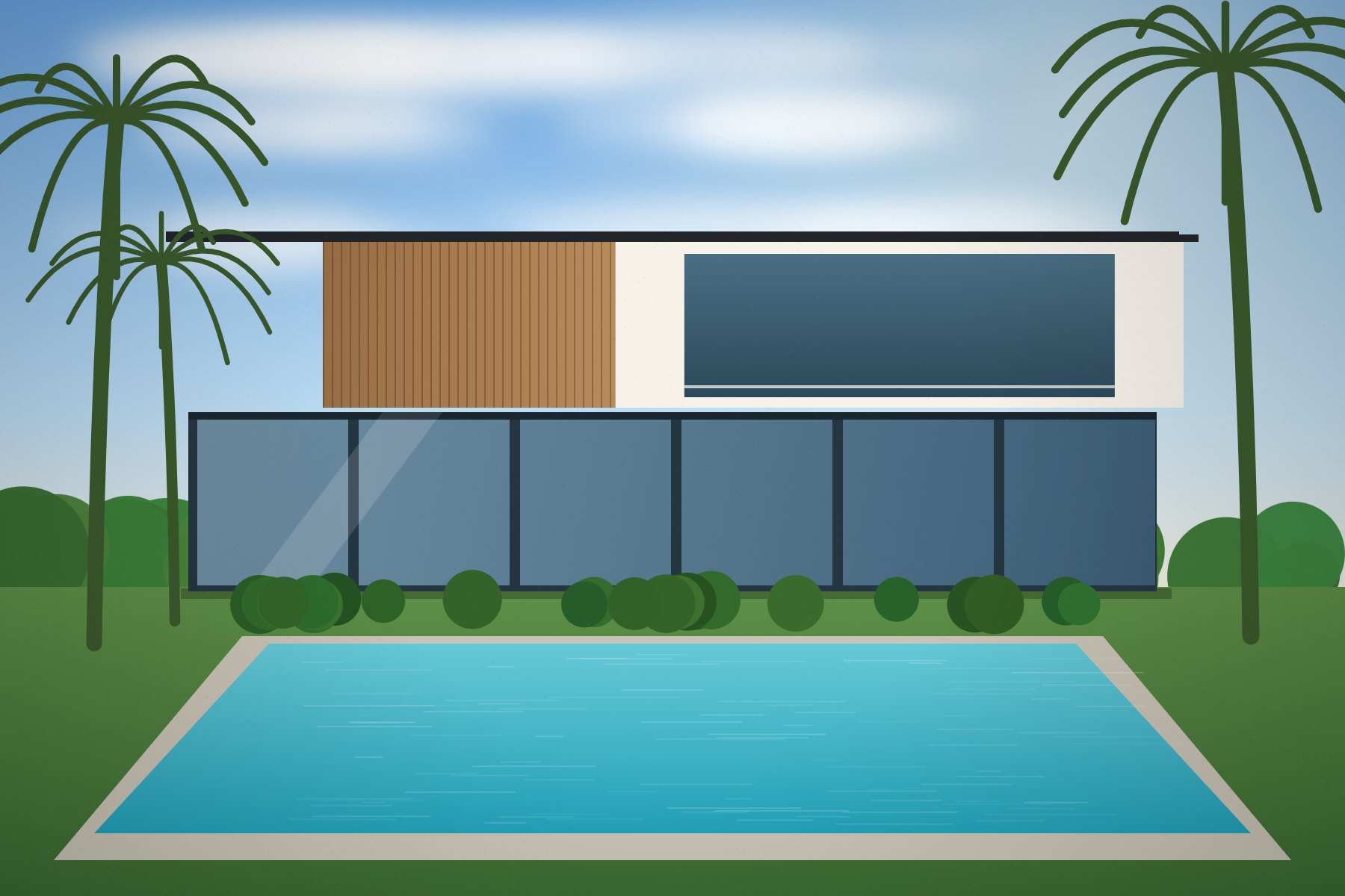 Illustration of a two-storey villa with a timber-clad upper floor, glass ground floor and private pool