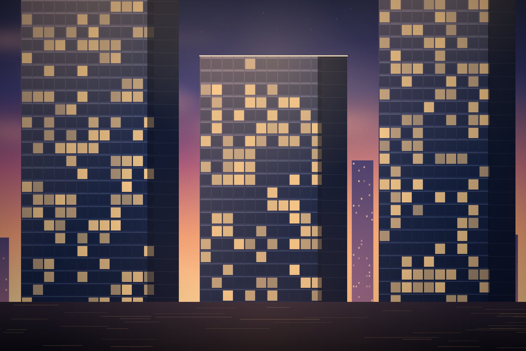 Illustration of the blocks at dusk with lit windows
