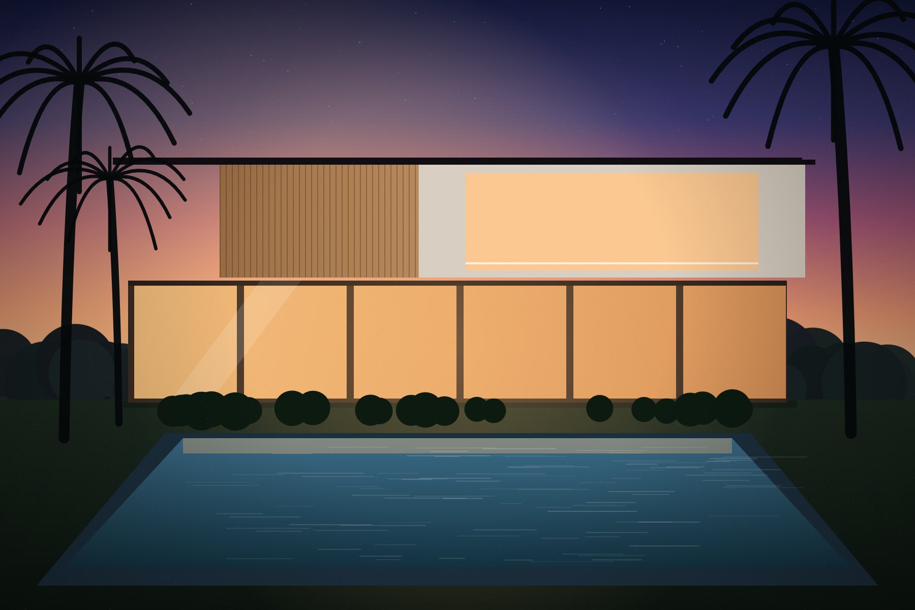 Illustration of the villa at dusk, with the ground floor glowing and the pool reflecting the sky