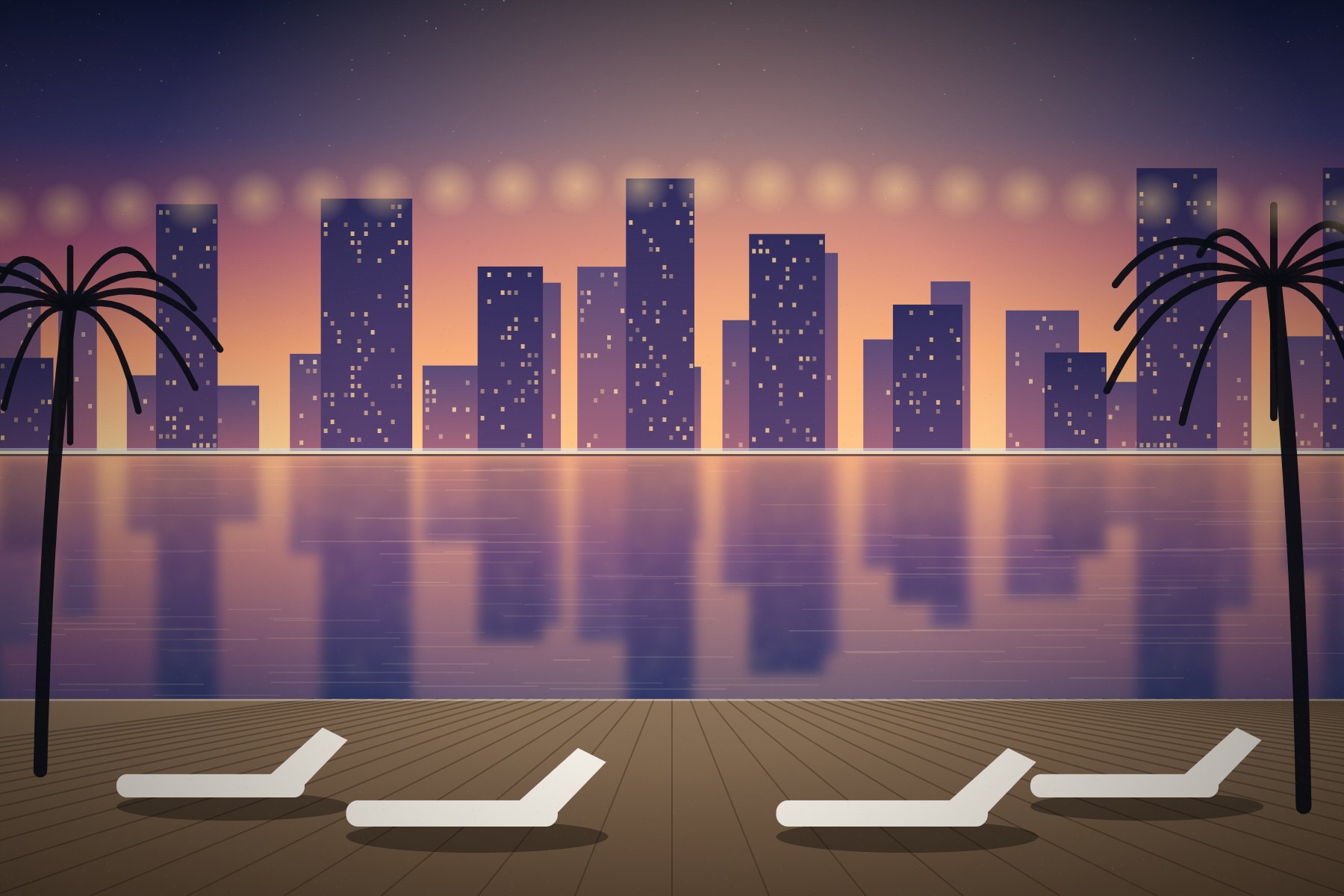 Illustration of the rooftop infinity pool deck at sunset, with loungers and the city skyline beyond