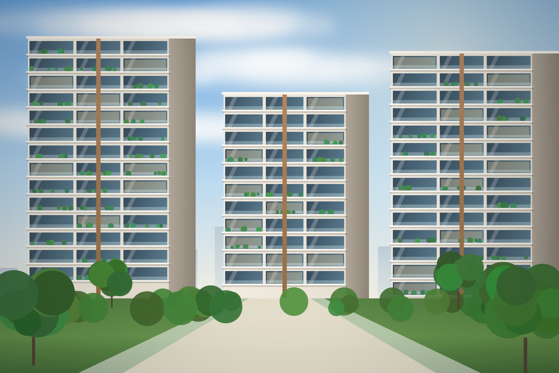 Illustration of the mid-rise blocks by day, with balconies and tree-lined lawns