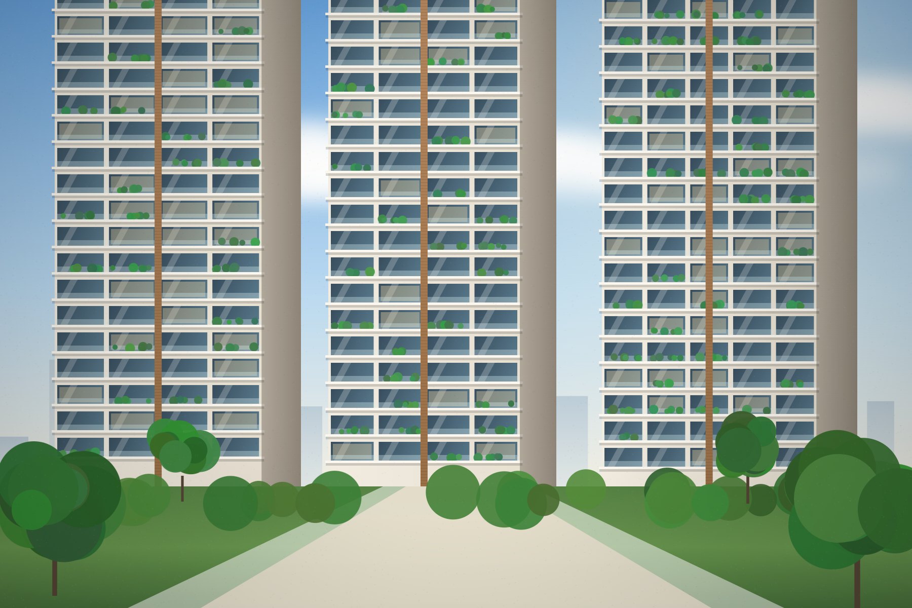 Illustration of the towers by day, with balconies, planting and the landscaped approach