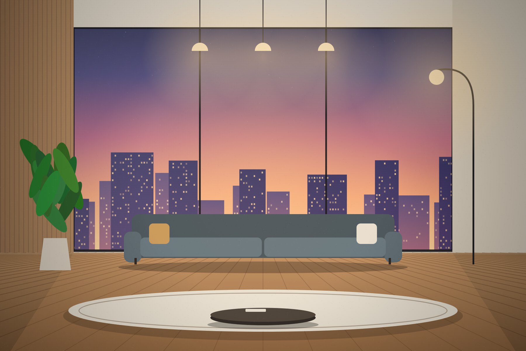 Illustration of a living room with floor-to-ceiling glazing looking over the city at dusk