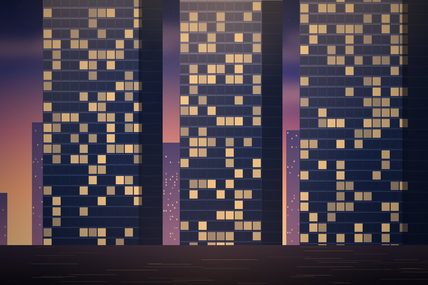 Illustration of the three Solstice Towers glowing at dusk